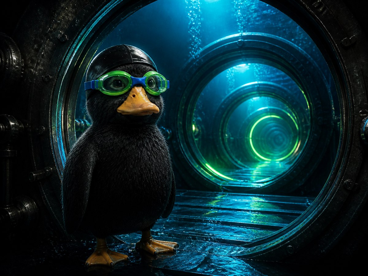 NAS BLACK facing a sequence of glowing underwater gates
